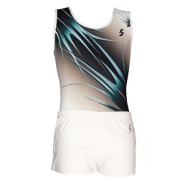 Boys' Gymnastics Leotard Nico-01, black and white gradient, turquoise motif