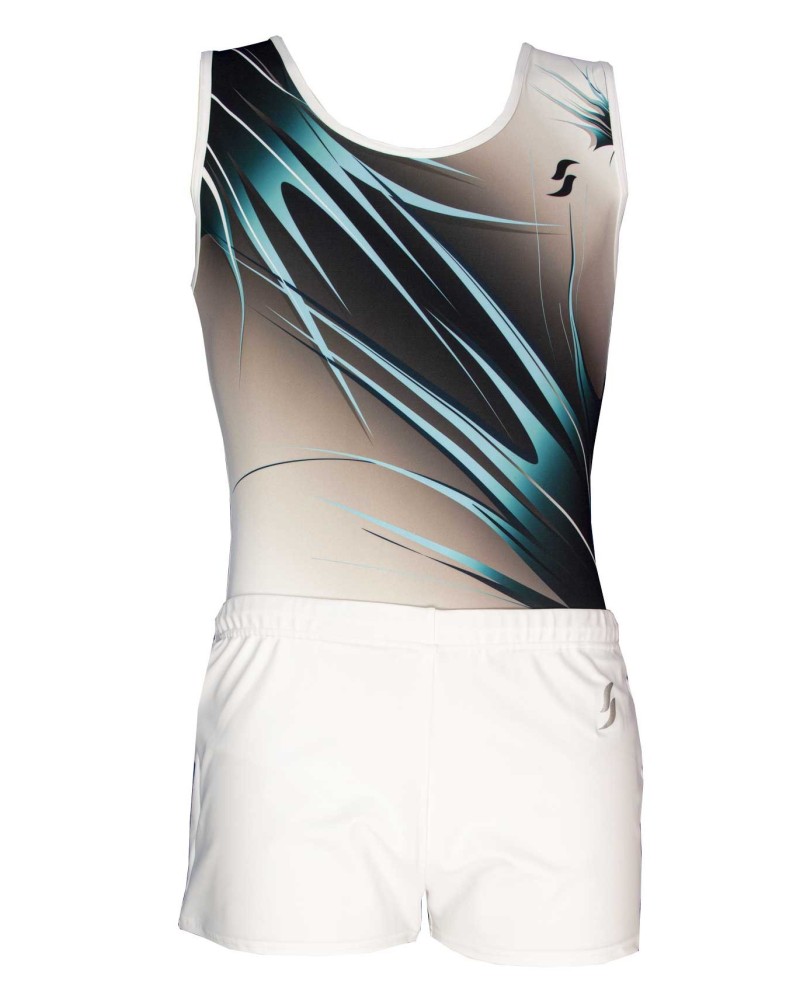 Léotard de gym Nico-01, dégradé noir et blanc, motif turquoise