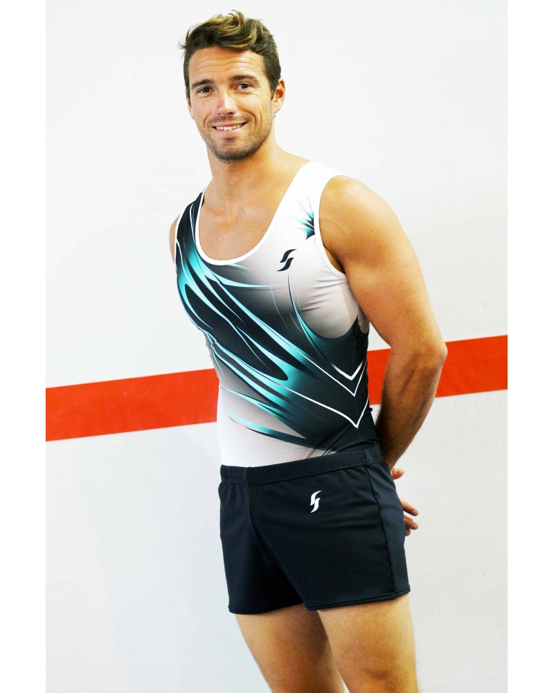 Maillot de gimnasia masculino Nico-01, degradado negro y blanco, estampado turquesa – vista 2
