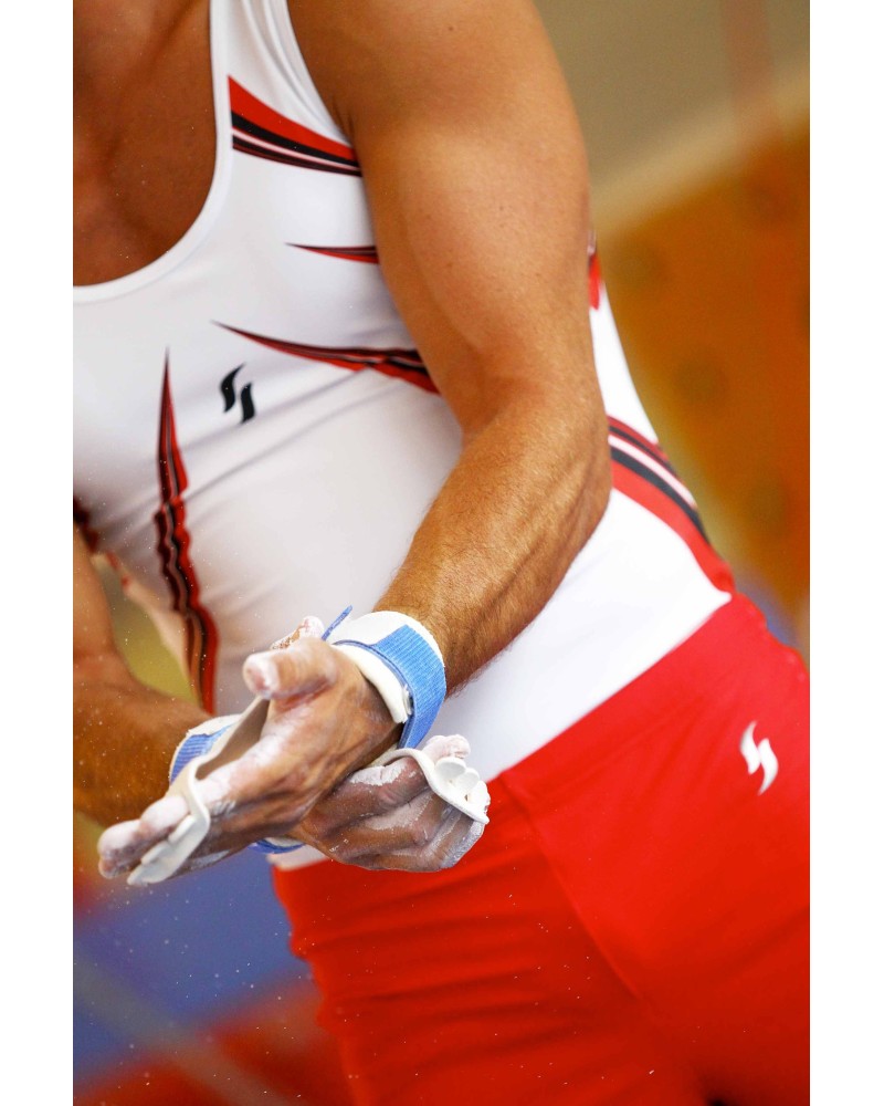 Maillot de gimnasia masculino Lucas-02, blanco con estampados rojos – vista 2