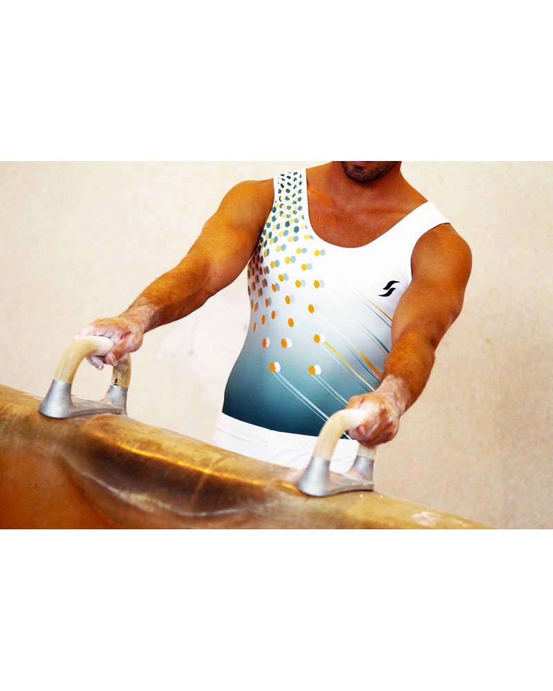 Boys' Gymnastics Leotard Mika-02, white and grey with yellow dots – view 4