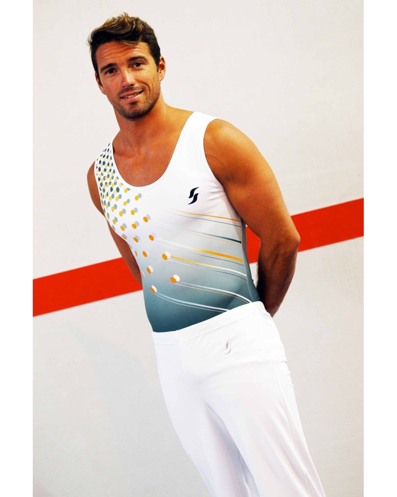 Body da ginnastica maschile Mika-02, bianco e grigio con pois gialli – vista 2