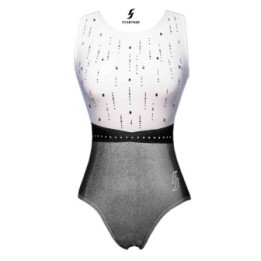 Gymnastics Leotard Olga-03, white, black and metallic grey