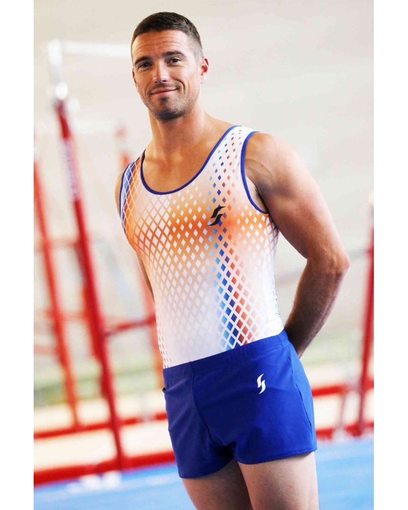 Maillot de gimnasia masculino Omer-02, degradado naranja, blanco y azul – vista 2