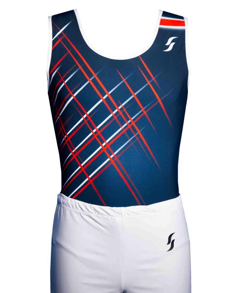 Maillot de gimnasia masculino Octave-01, azul marino, blanco y rojo