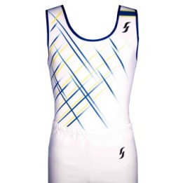Léotard de gym Octave-02, blanc avec stries bleues et jaunes