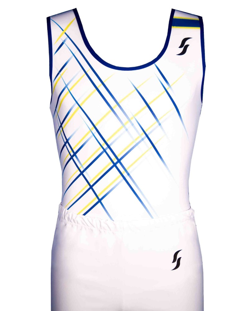 Body da ginnastica maschile Octave-02, bianco con striature blu e gialle