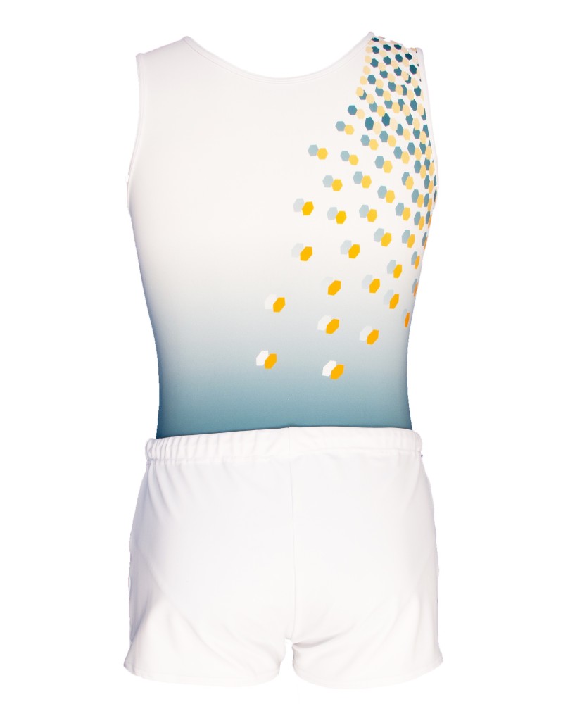 Body da ginnastica maschile Mika-02, bianco e grigio con pois gialli – vista 3