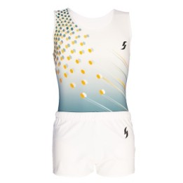 Body da ginnastica maschile Mika-02, bianco e grigio con pois gialli