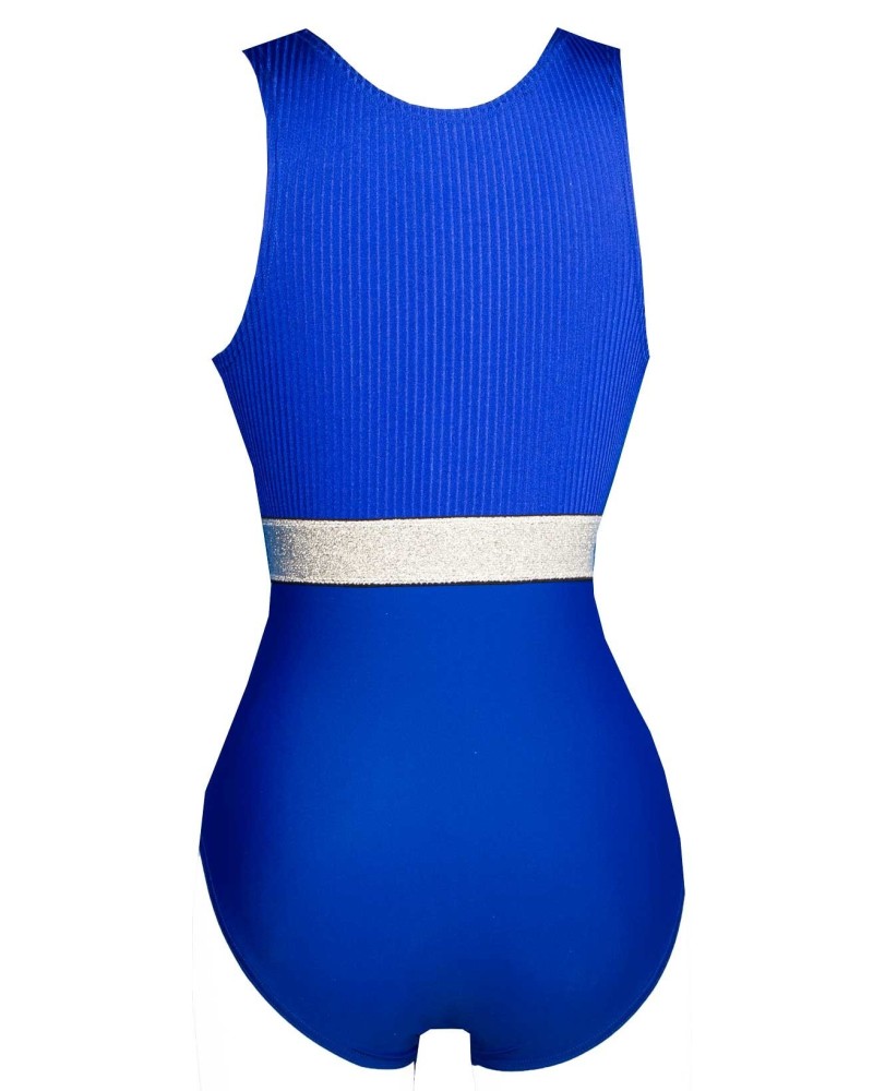 Gymnastics Leotard Penelope-01, royal blue, white waistband – view 3