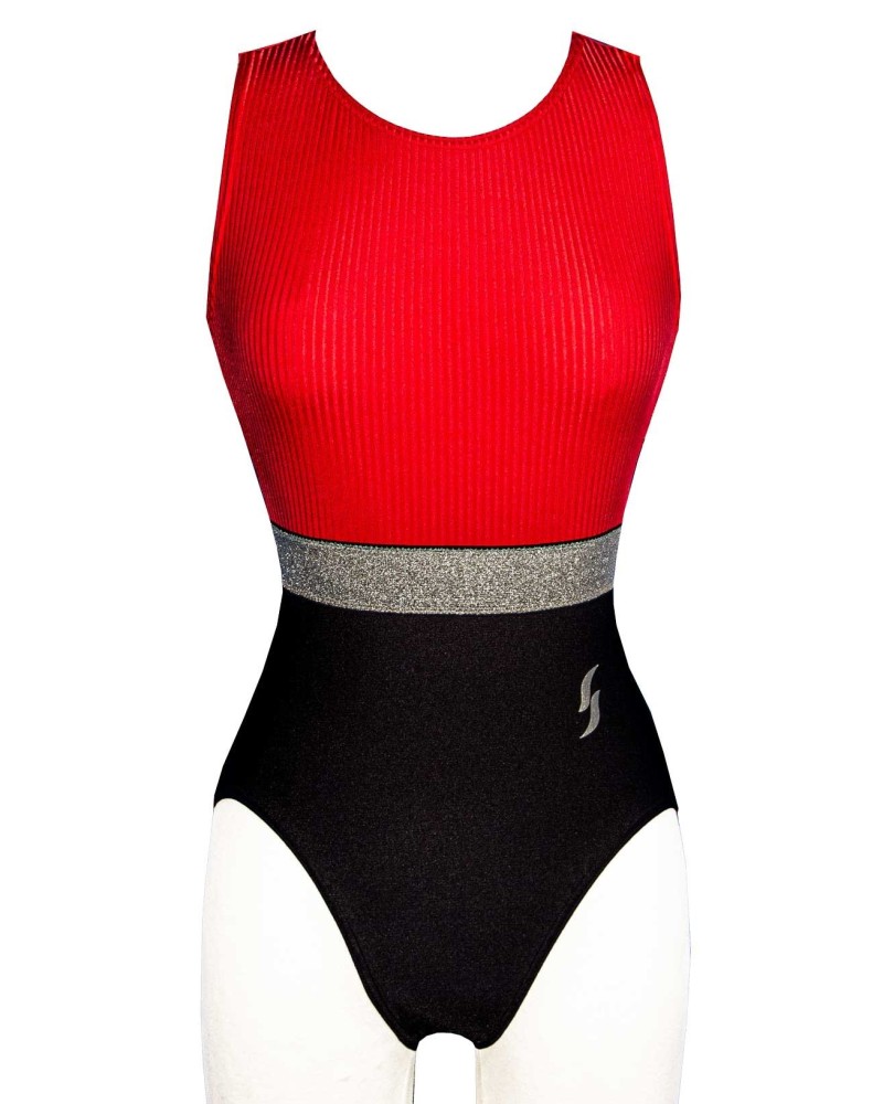 Turnanzug Penelope-02, Rot und Schwarz, silberner Gürtel