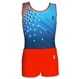 Body da ginnastica maschile Mika-01, blu sfumato con motivi bianchi e rossi