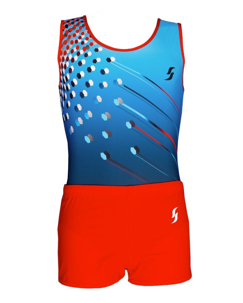 Boys' Gymnastics Leotard Mika-01, blue gradient with white and red motifs