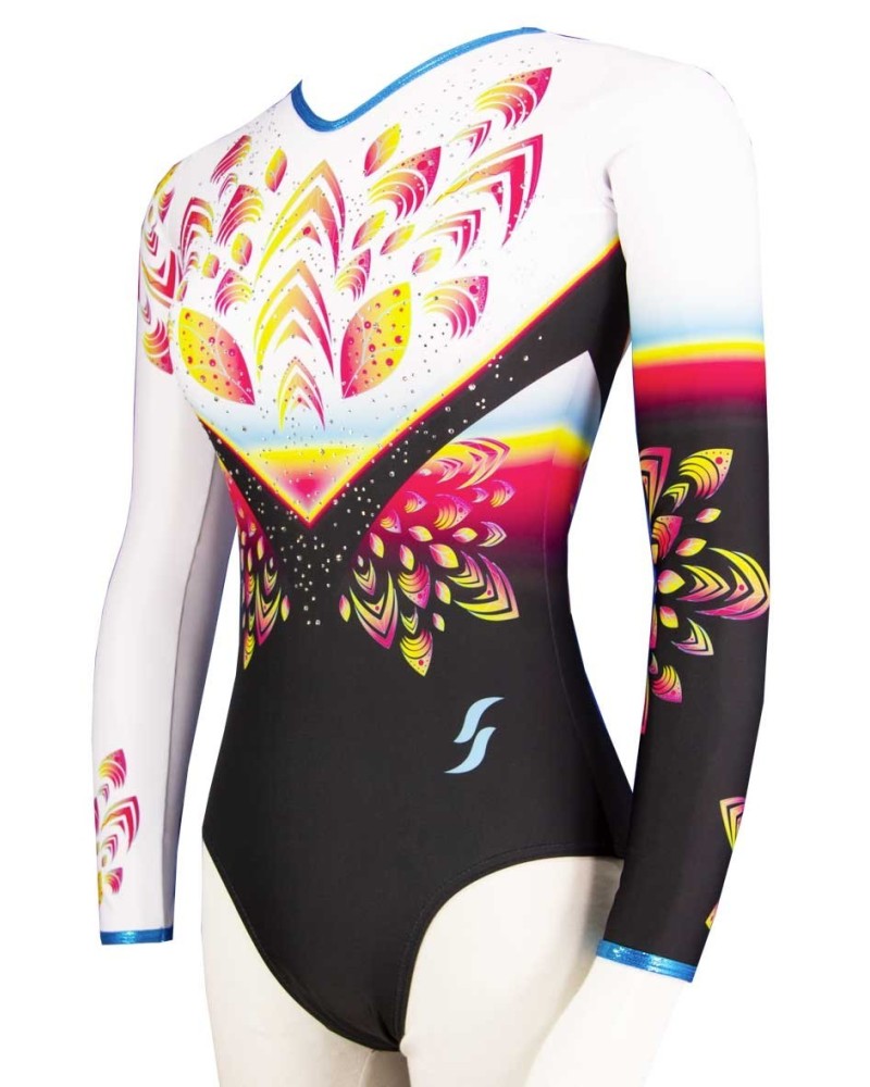 Maillot de gimnasia Reinette-02, blanco y negro, estampados verdes y toques de rosa