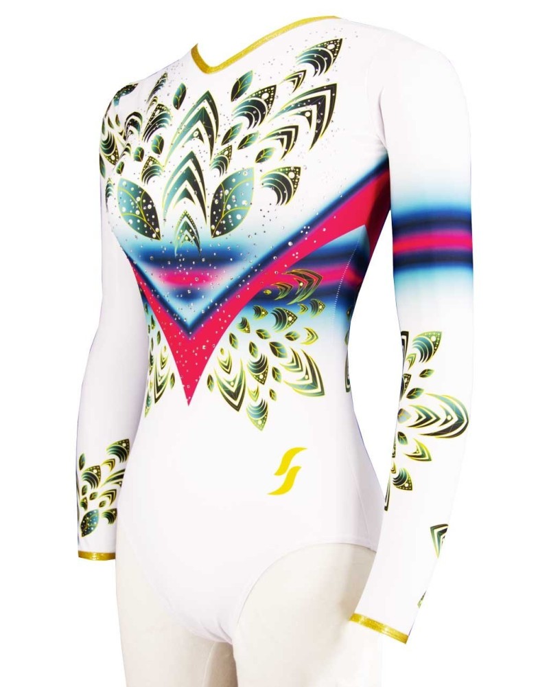 Maillot de gimnasia Reinette-01, blanco con turquesa, azul, rosa y fucsia – vista 2