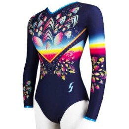Gymnastics Leotard Reinette-03, navy with turquoise, yellow, pink and fuchsia