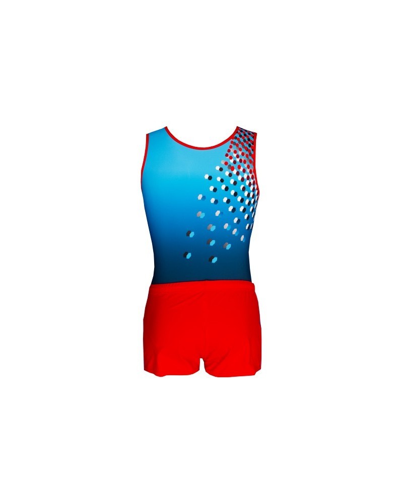 Maillot de gimnasia masculino Mika-01, azul degradado con estampados blancos y rojos – vista 3