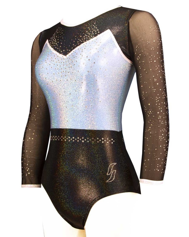 Body da ginnastica Raphaella-01, argento iridescente con riflessi bluastri, parte inferiore nera – vista 2