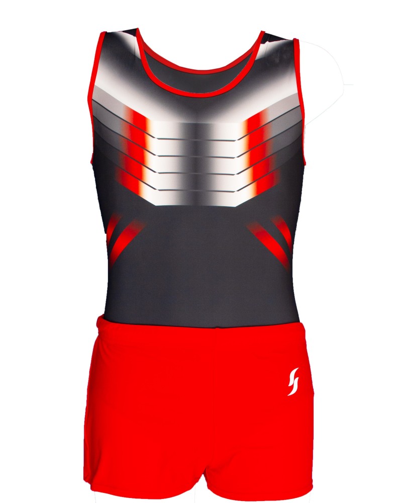 Maillot de gimnasia masculino Marius-02, negro, rojo y plateado