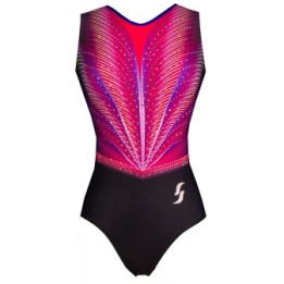 Maillot de gimnasia Sara-01, multicolor rosa, rojo y azul, parte inferior negra