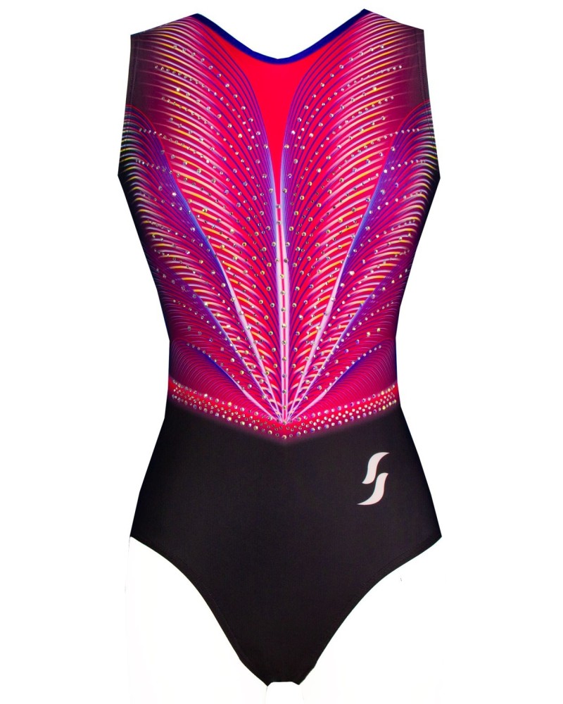 Gymnastics Leotard Sara-01, multicolour pink, red and blue, black lower half