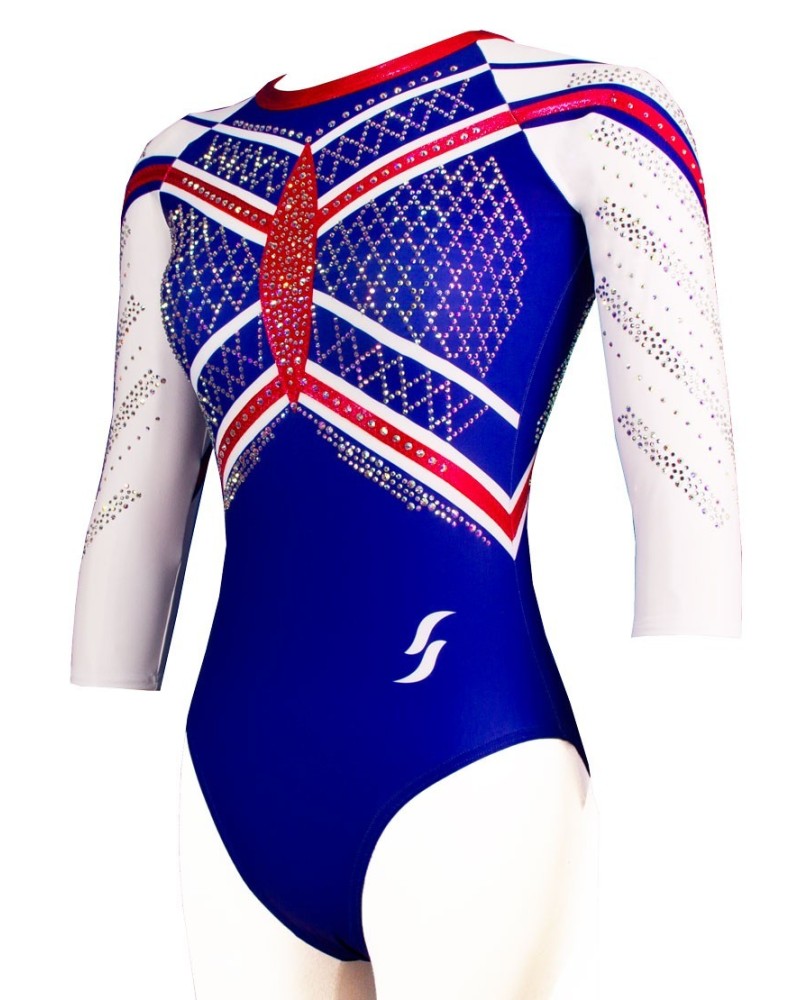 Gymnastics Leotard Tatiana-01, royal blue, white and red