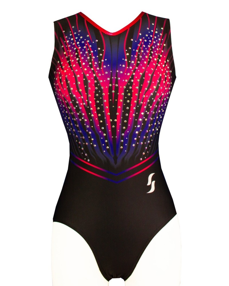 Gymnastics Leotard Silva, black with fuchsia and blue rays