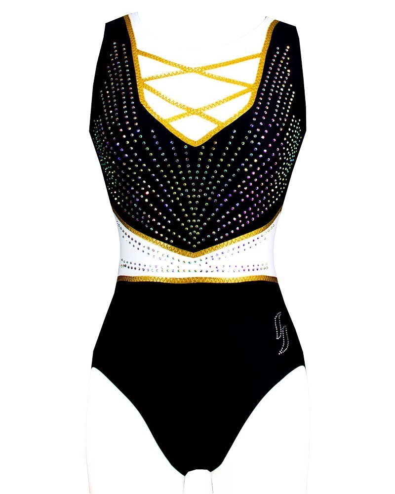 Body da ginnastica Tia-02, nero, bianco e oro
