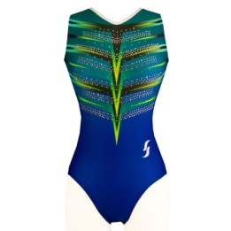 Turnpakje Thais, kleurverloop blauw–groen met accenten van geel en zwart