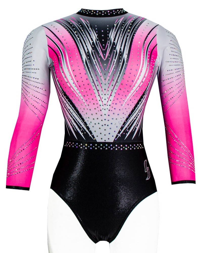 Gymnastics Leotard Valentine-01, pink to white gradient, black lower half – view 3