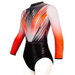 Maillot de gimnasia Valentine-02, degradado rojo anaranjado y blanco, parte inferior negra