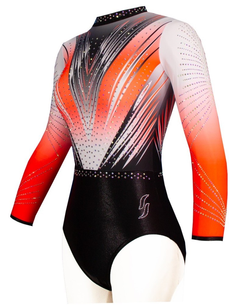 Gymnastics Leotard Valentine-02, red-orange to white gradient, black lower half