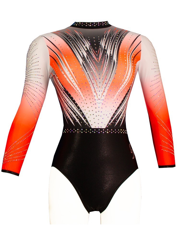Gymnastics Leotard Valentine-02, red-orange to white gradient, black lower half – view 3