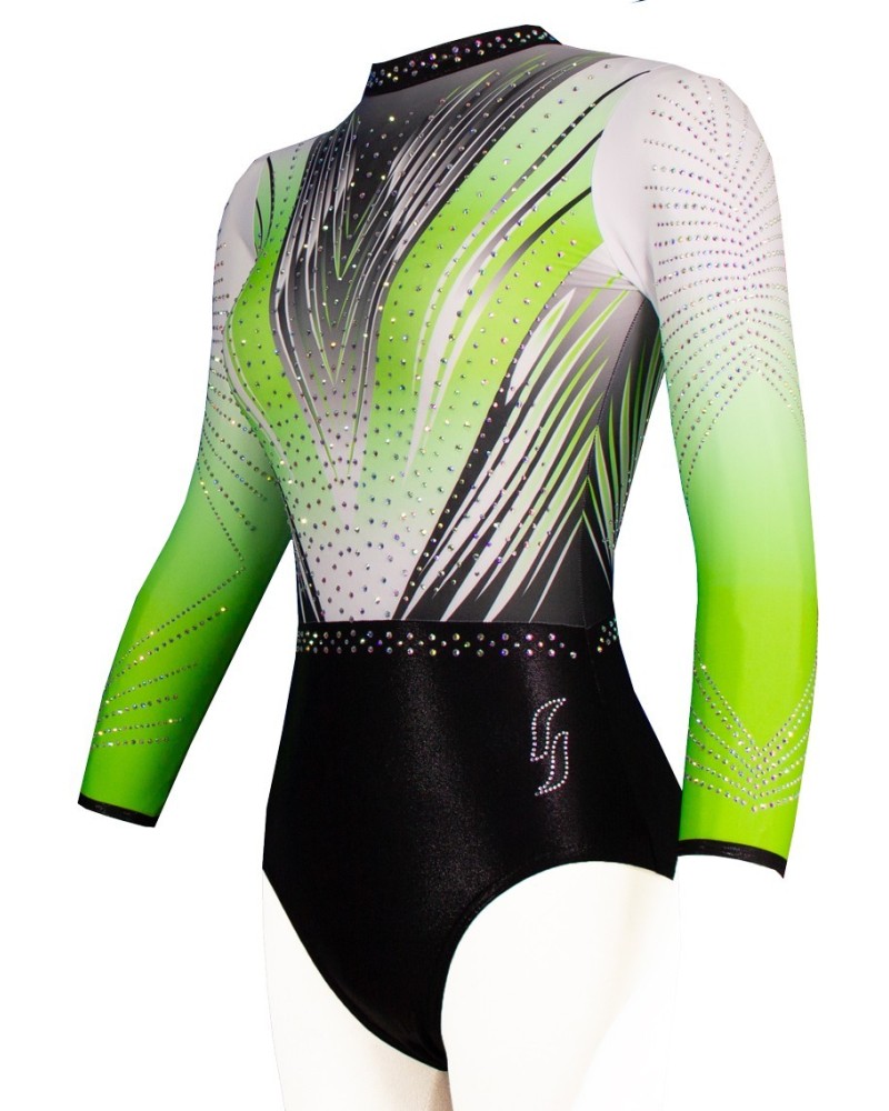 Gymnastics Leotard Valentine-03, neon green to white gradient, black lower half
