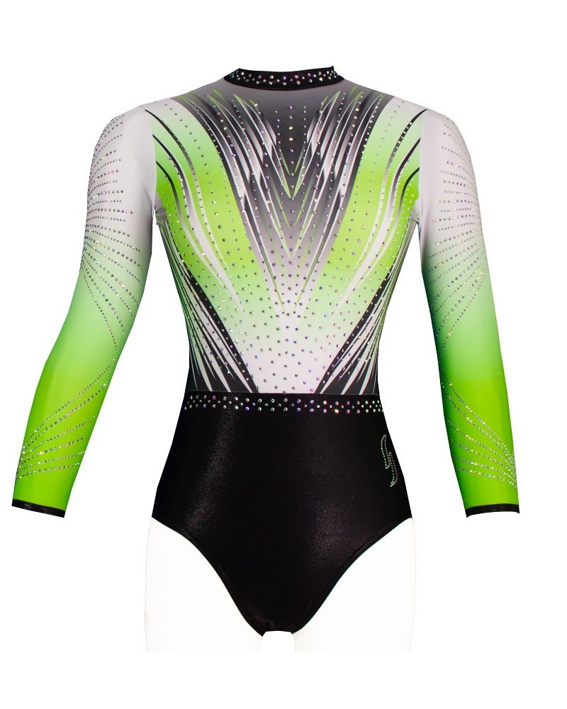 Maillot de gimnasia Valentine-03, degradado verde flúor y blanco, parte inferior negra – vista 3