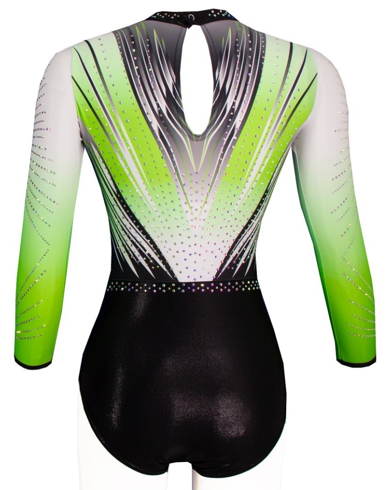 Maillot de gimnasia Valentine-03, degradado verde flúor y blanco, parte inferior negra – vista 2