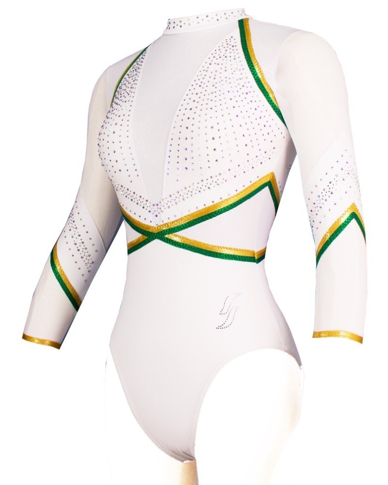 Gymnastics Leotard Venise-01, pearly white with green and gold bands – view 2