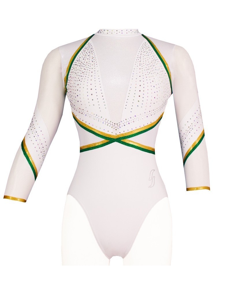 Maillot de gimnasia Venise-01, blanco nacarado con franjas verdes y doradas – vista 3