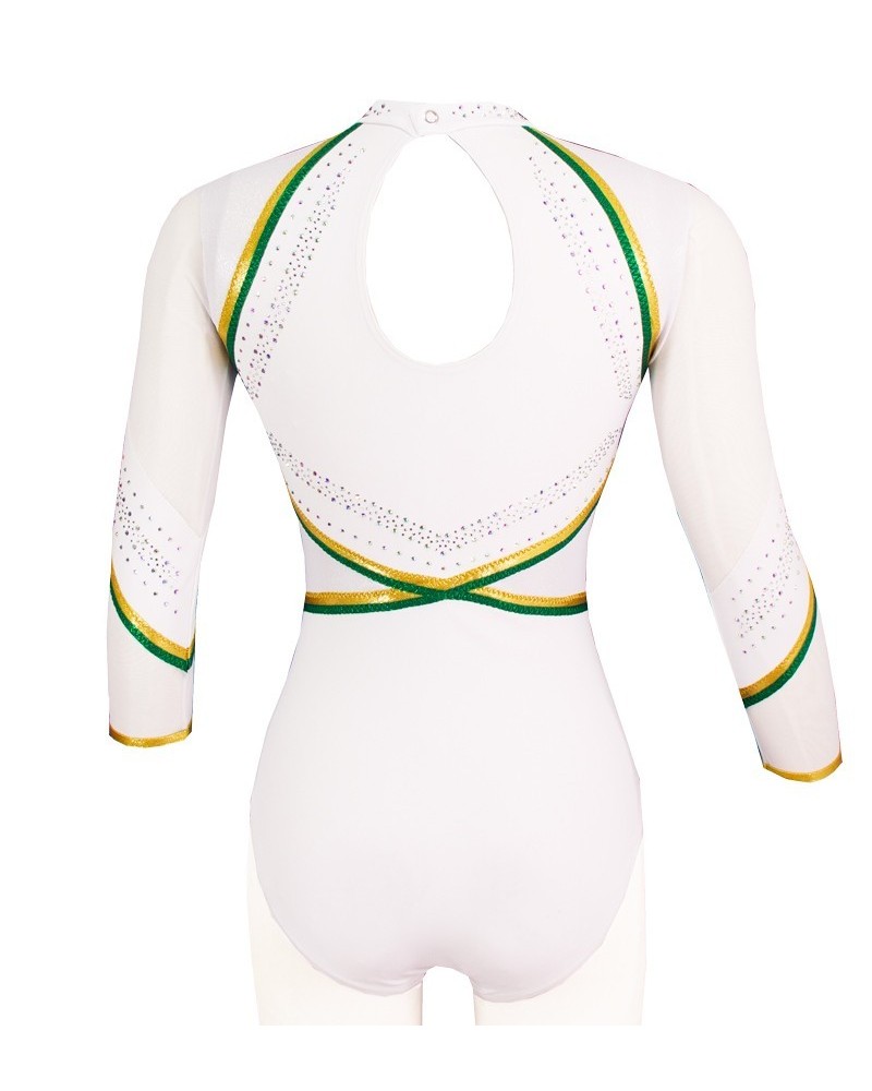 Body da ginnastica Venise-01, bianco perlato con bande verdi e dorate – vista 4