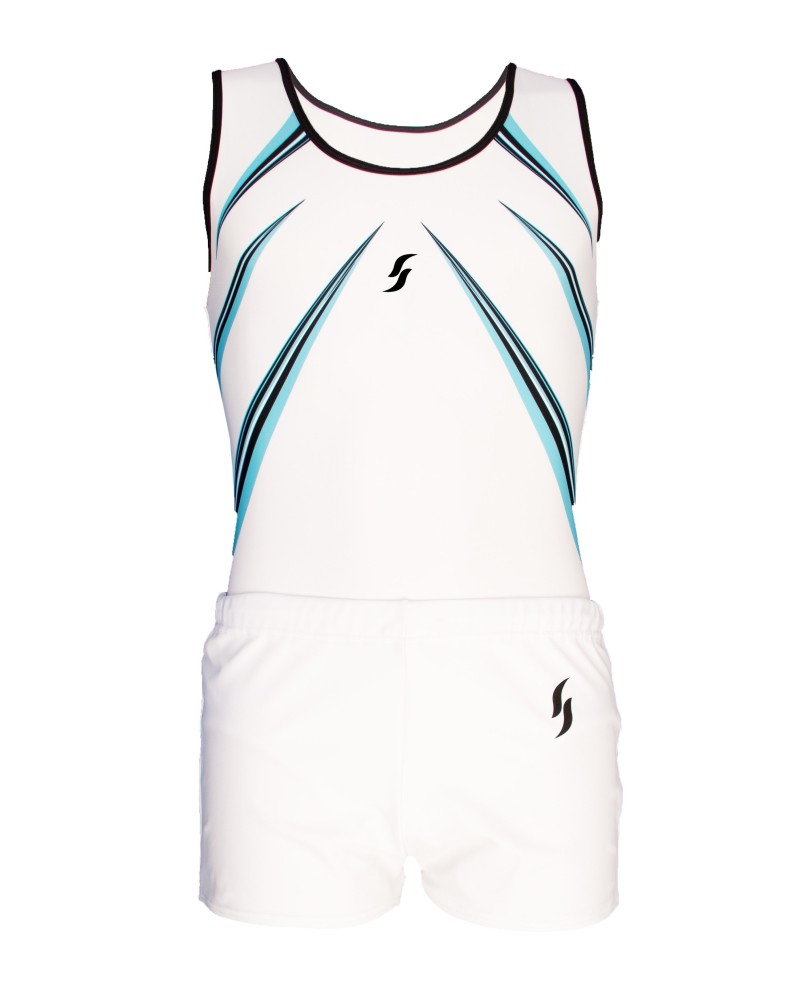 Boys' Gymnastics Leotard Lucas-01, white with blue motifs