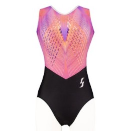 Turnanzug Vicky-02, Rosa und Violett mit Spiegeleffekt, schwarzes Unterteil