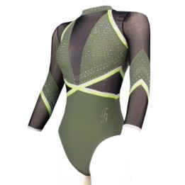 Justaucorps de gym Venise-04, vert kaki avec lignes vert anis