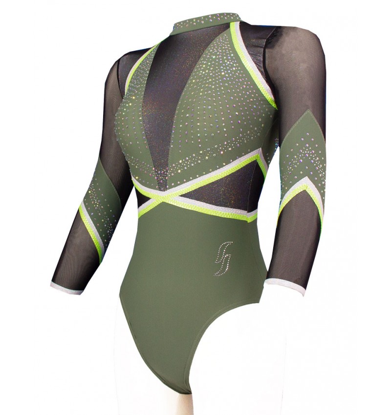 Justaucorps de gymnastique Startner Venise-04 vert kaki avec manches longues en tulle et détails brillants élégants.