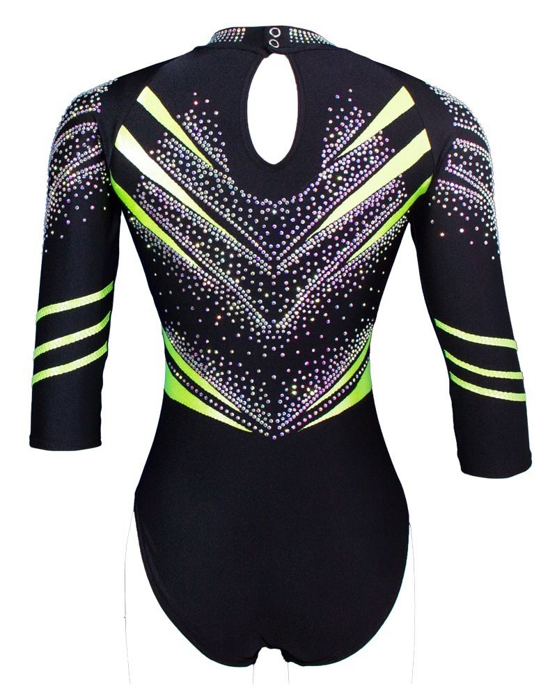 Body da ginnastica Verone-01, nero con chevron giallo luminoso – vista 3