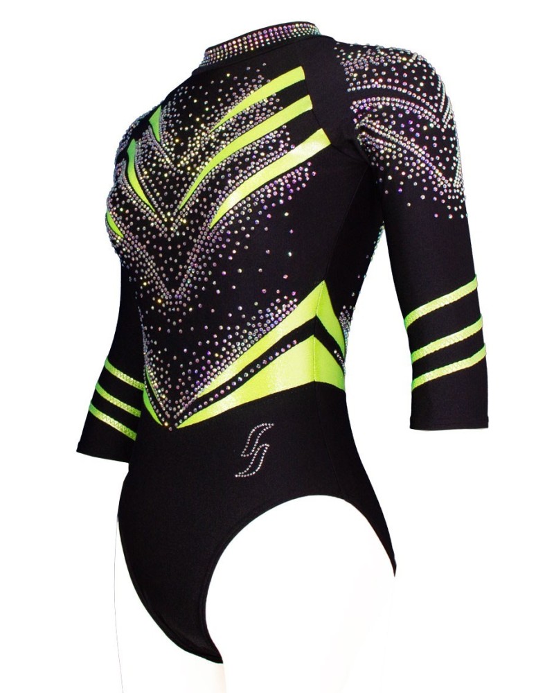 Gymnastics Leotard Verone-01, black with bright yellow chevrons