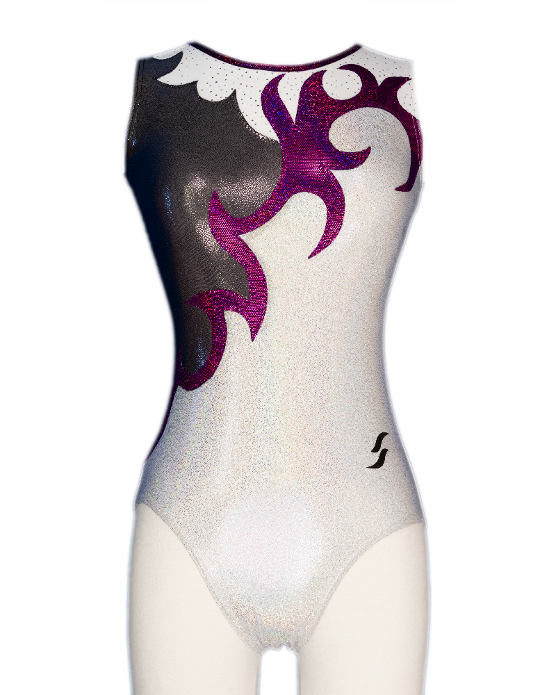 Gymnastics Leotard Molly-02, silvery white shimmer, grey and purple
