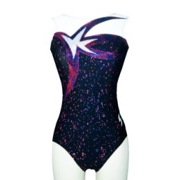 Vereinsturnanzug Carole-02, glitzerndes Schwarz, Weiß und Violett