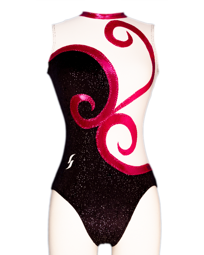 Gymnastics Leotard Dolly-08, silvery black velvet, white and metallic pink