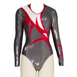 Club Gymnastics Leotard Helena-01, metallic grey, red and black