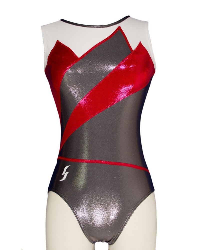 Club Gymnastics Leotard Elsa-08, metallic grey, red and black
